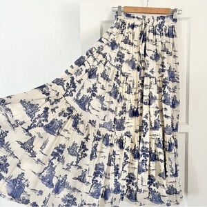 NWOT Souvenir blue white toile cotton midi 3 tier full peasant skirt xs